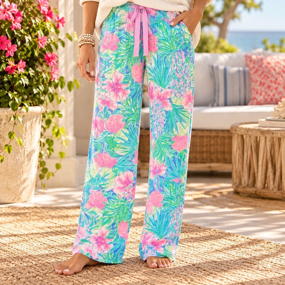 Lilly Pulitzer Pajama Pants Womens Medium Blue Pink Tropical Floral Lounge Knit
